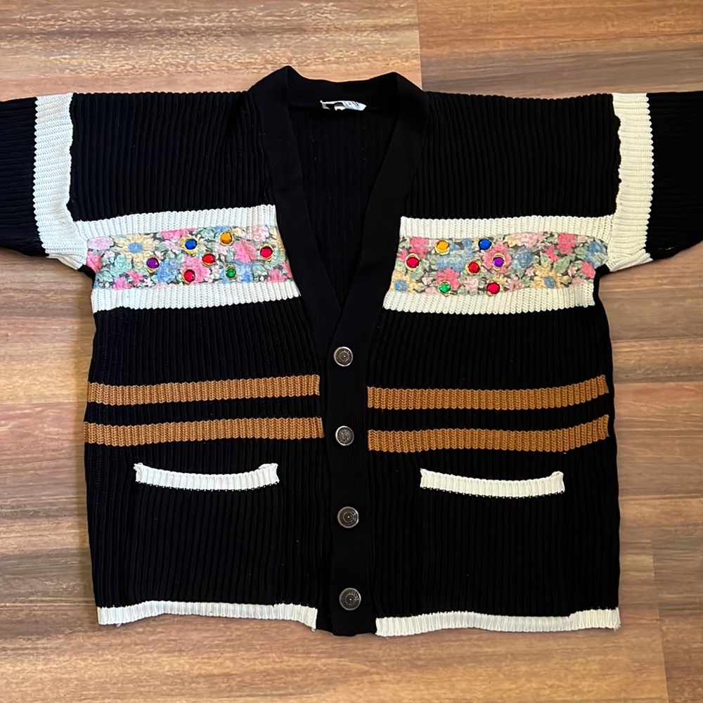 Black Sweater Cardigan Bedazzled Button-Down (Size XL)